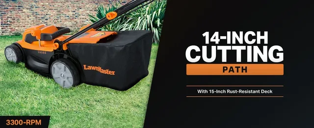 Lawnmaster 14-inch electric lawn mower with 15-inch rust-resistant deck, 3300 RPM