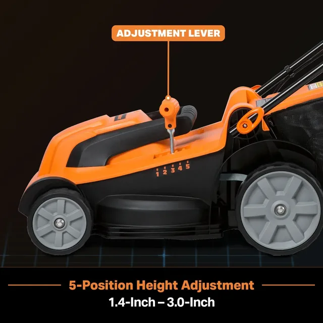 Orange and black lawn mower with adjustment lever highlighted, showing 5-position height adjustment from 1.4-inch to 3.0-inch