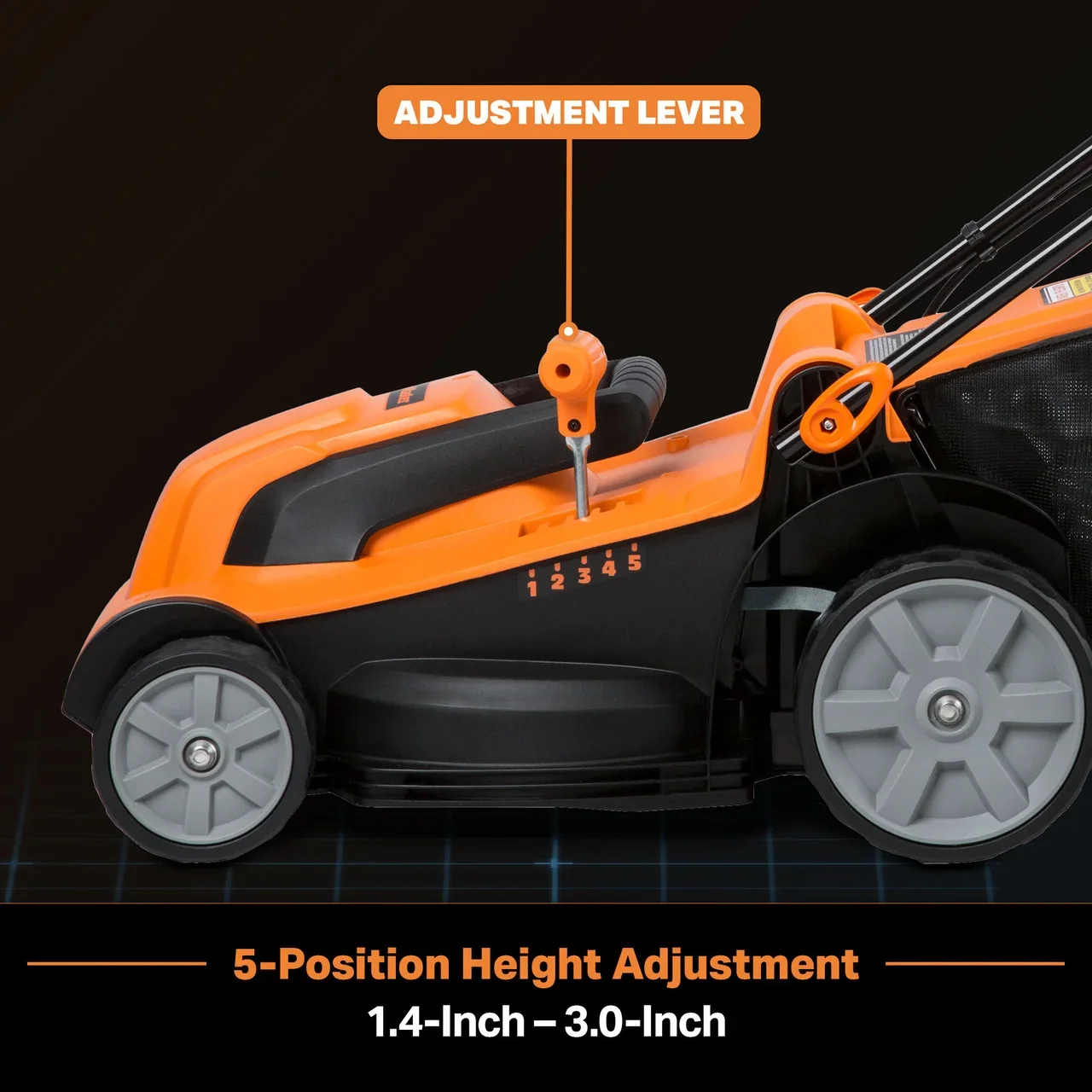 Orange and black lawn mower with adjustment lever highlighted, showing 5-position height adjustment from 1.4-inch to 3.0-inch