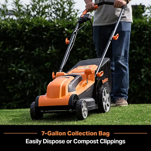 Orange and black electric lawn mower with 7-gallon collection bag being demonstrated on grass.