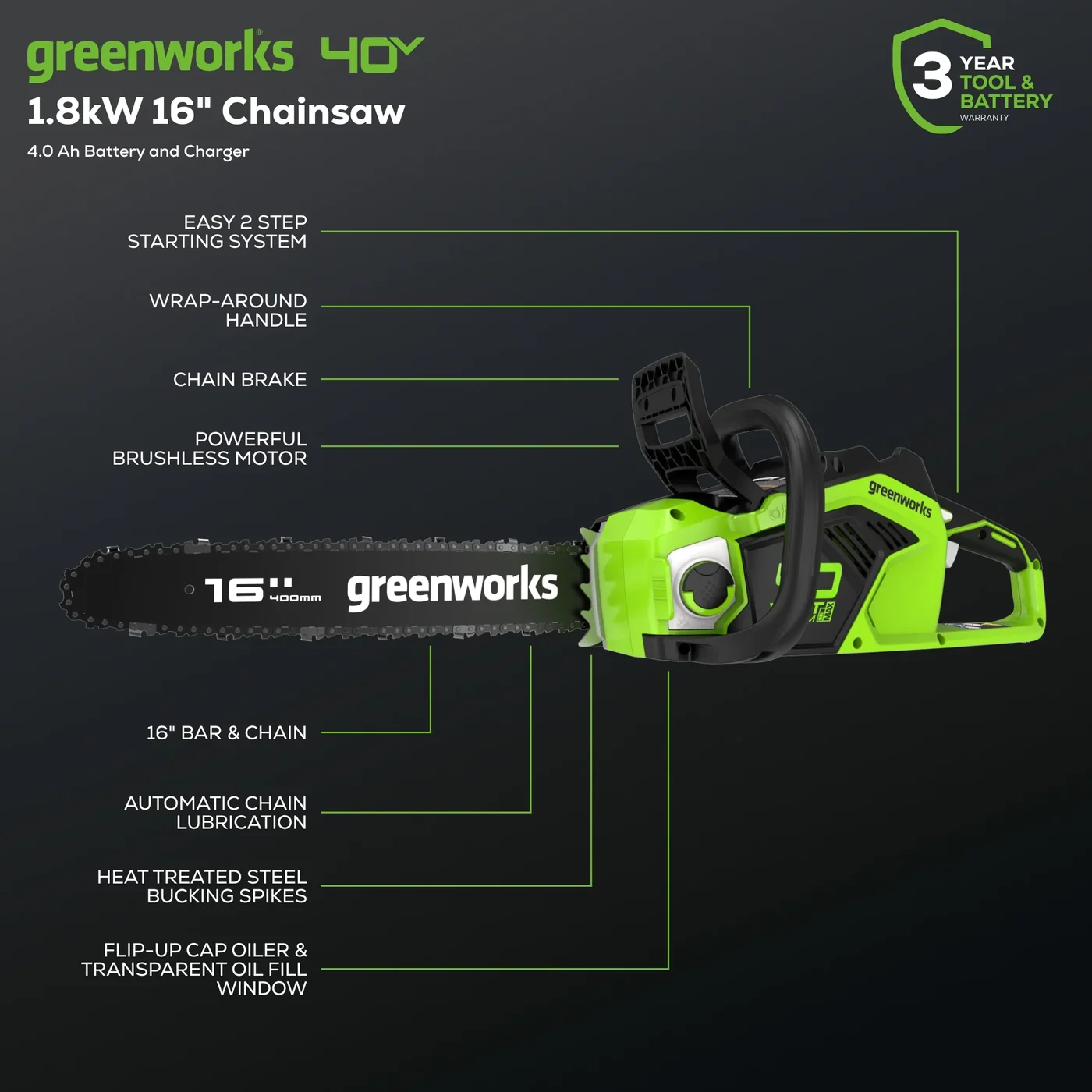 Greenworks CS40L02 chainsaw, manufacturer gallery view 3