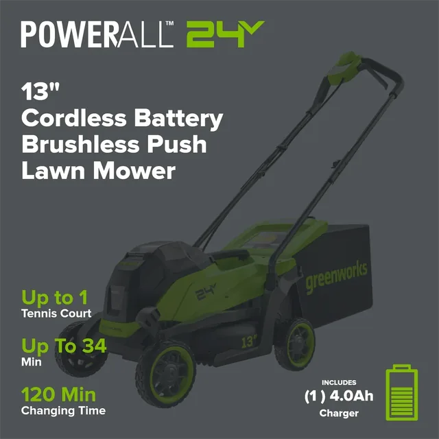 24V 13" Cordless Battery Brushless Push Lawn Mower: 4.0 Ah Battery and Charger, LM1322