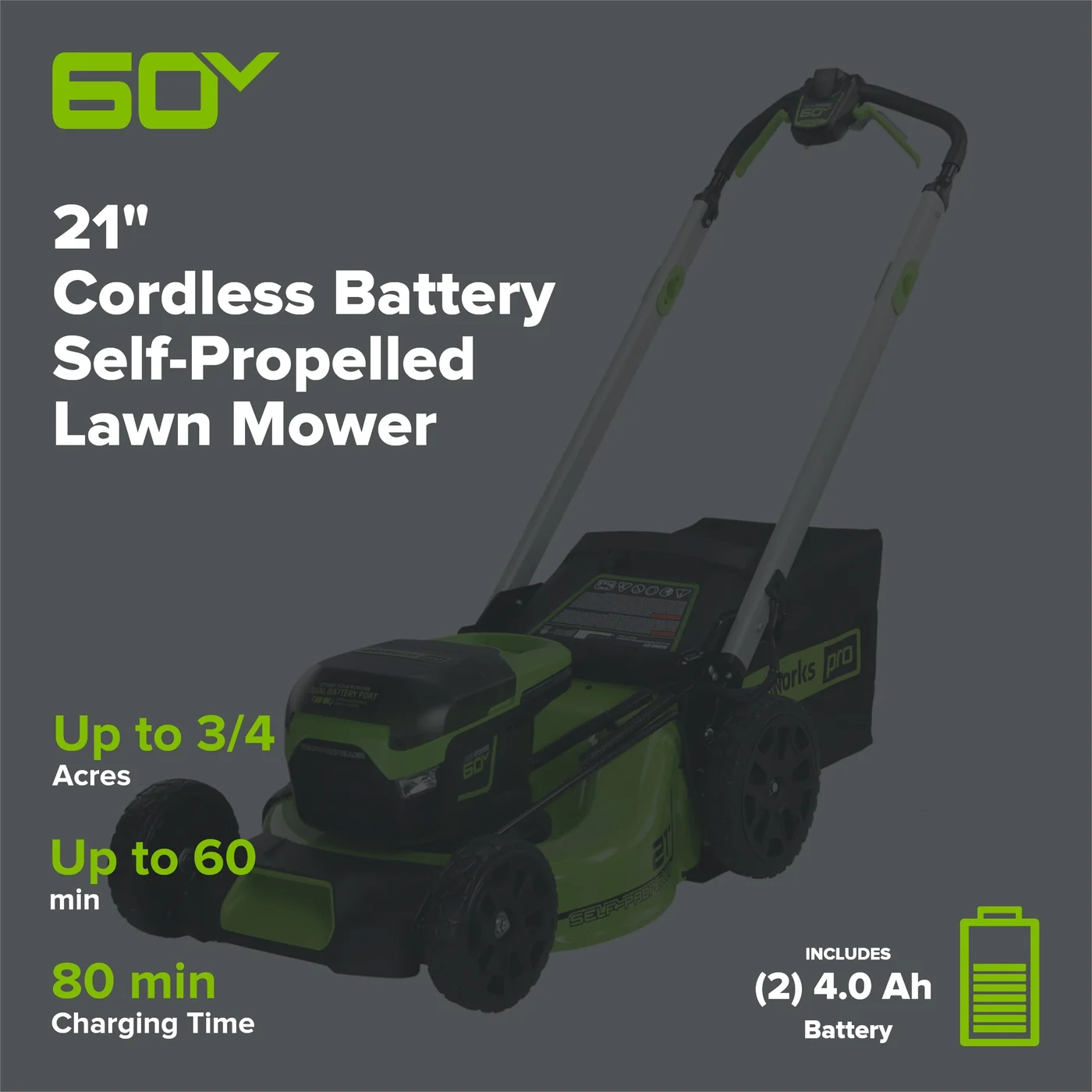 Greenworks 60V 21-inch self-propelled mower kit, product gallery view 2