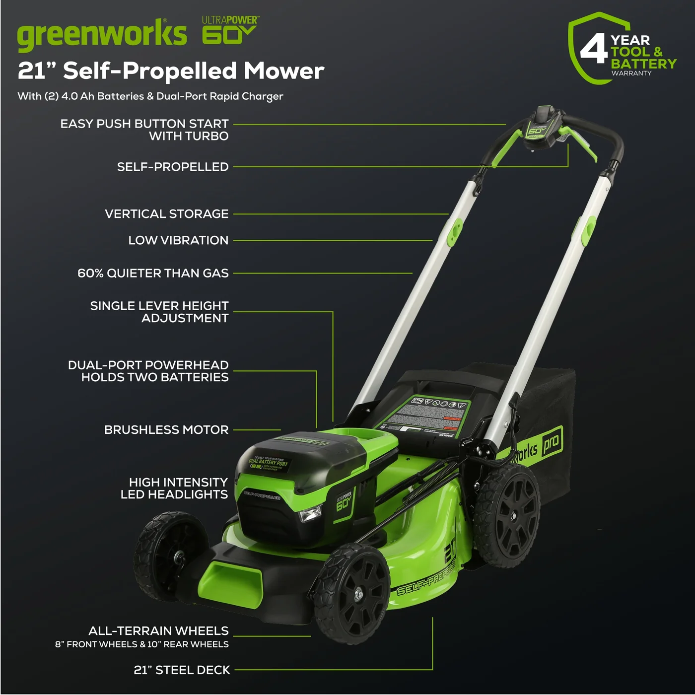 Greenworks 60V 21-inch self-propelled mower kit, product gallery view 3