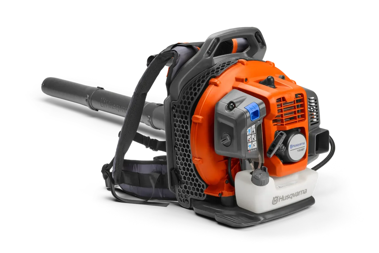 Husqvarna 150BT. Side view of a Husqvarna backpack leaf blower with ergonomic design.