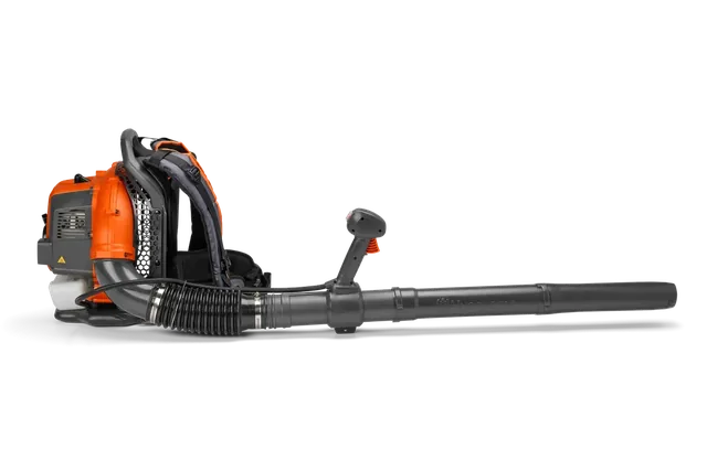 Husqvarna 150BT. Side view of a backpack leaf blower with ergonomic handle and nozzle.