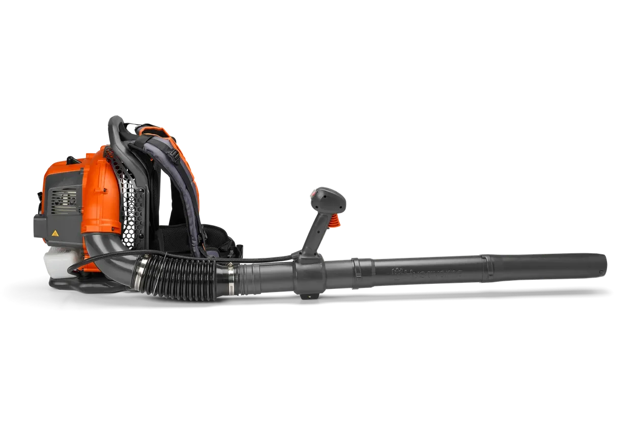 Husqvarna 150BT. Side view of a backpack leaf blower with ergonomic handle and nozzle.