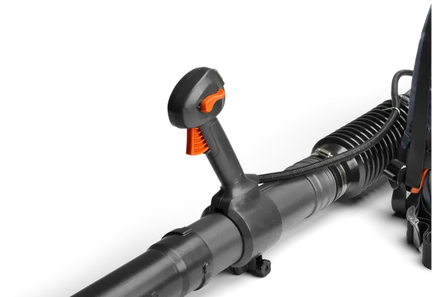 Husqvarna 150BT. Side view of a leaf blower handle and tube, highlighting the ergonomic design.