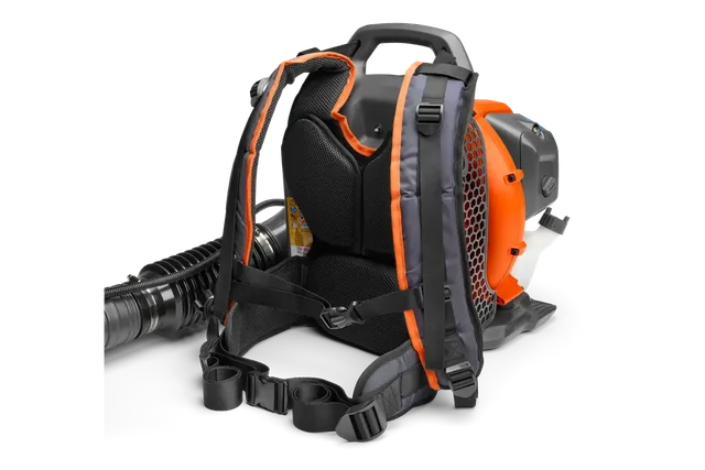 Husqvarna 150BT. Rear view of a backpack leaf blower with padded straps and ergonomic design.