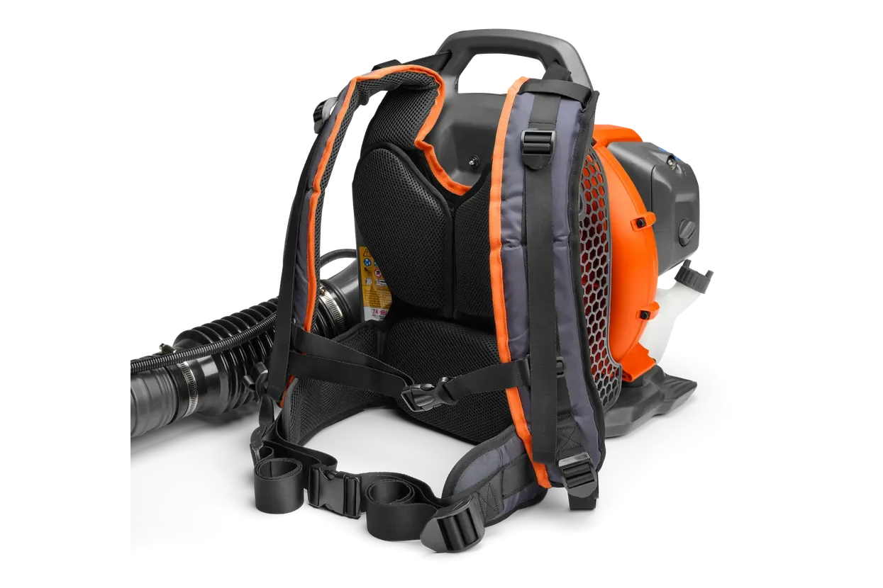 Husqvarna 150BT. Rear view of a backpack leaf blower with padded straps and ergonomic design.