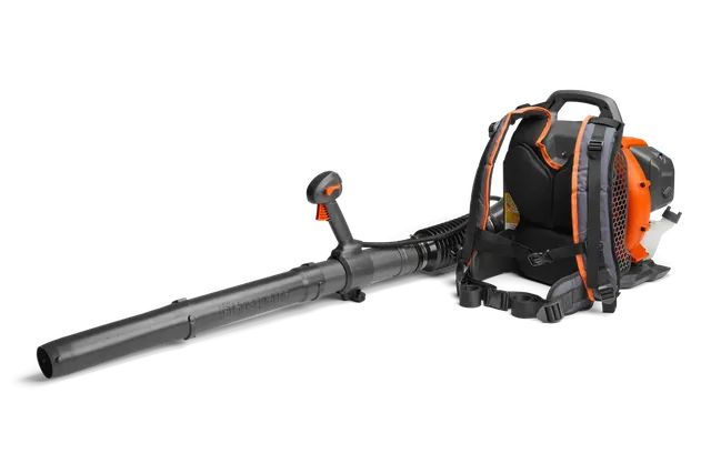 Husqvarna 150BT. Side view of a Husqvarna backpack leaf blower with ergonomic handle and harness.