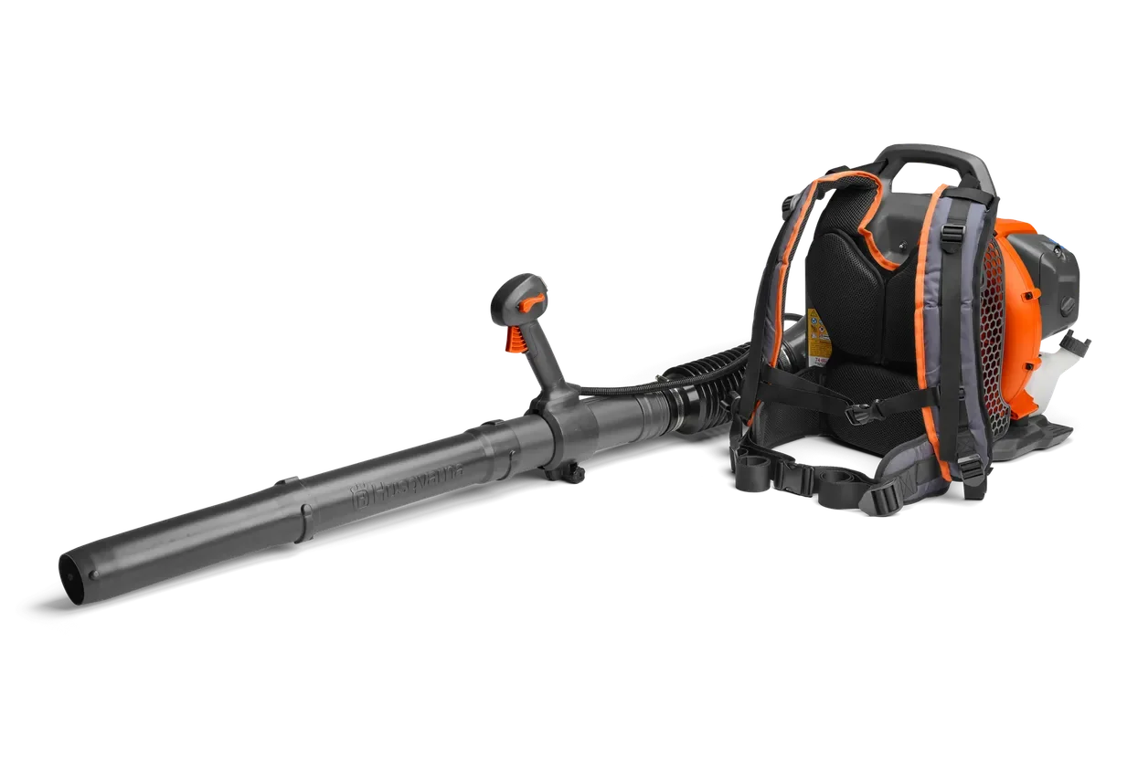 Husqvarna 150BT. Side view of a Husqvarna backpack leaf blower with ergonomic handle and harness.