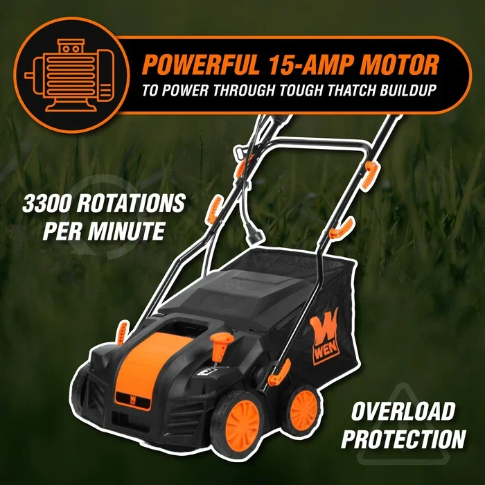 WEN DT1516 16-Inch 15-Amp 2-in-1 Electric Dethatcher and Scarifier with Collection Bag