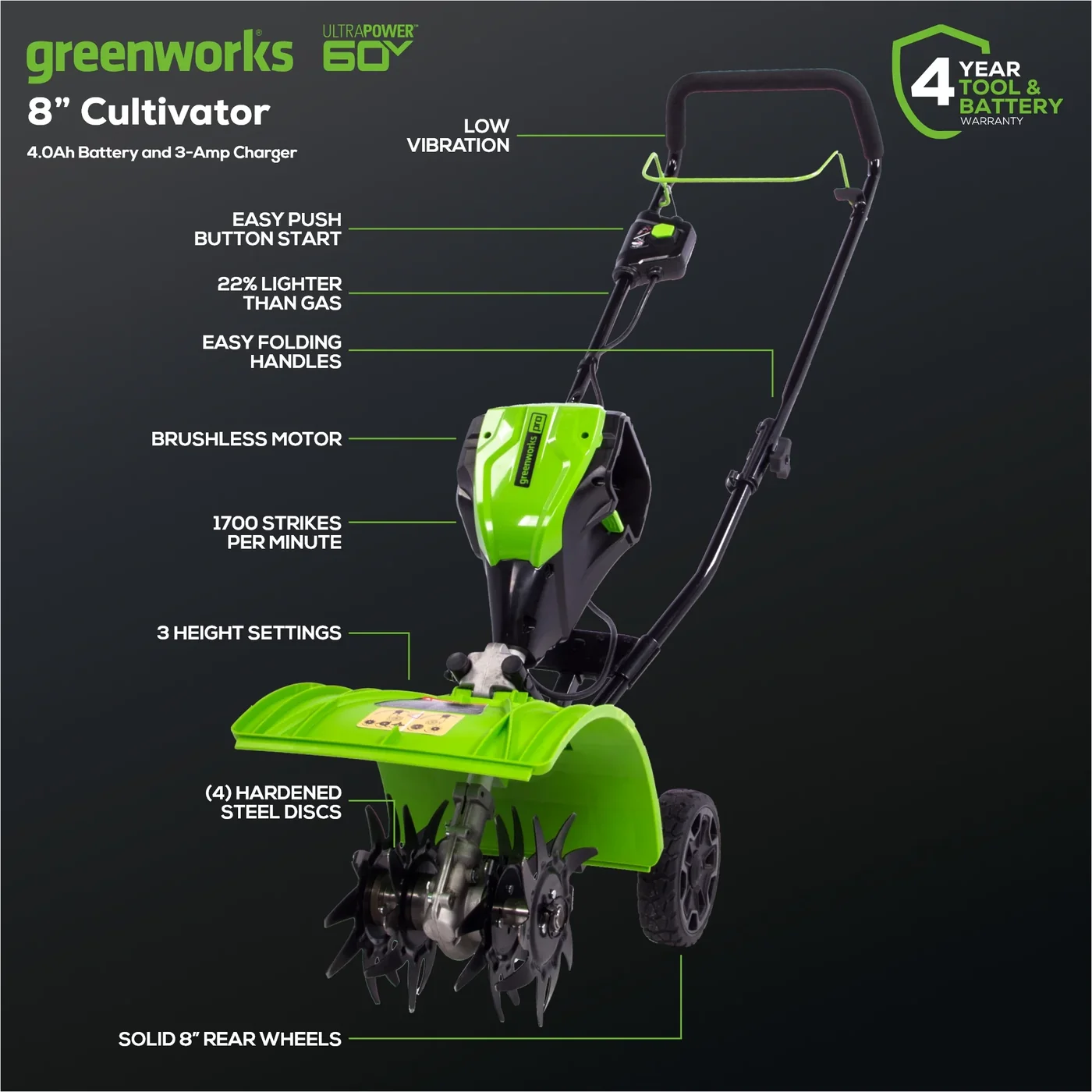 Greenworks TL60L410 cultivator, manufacturer gallery view 2