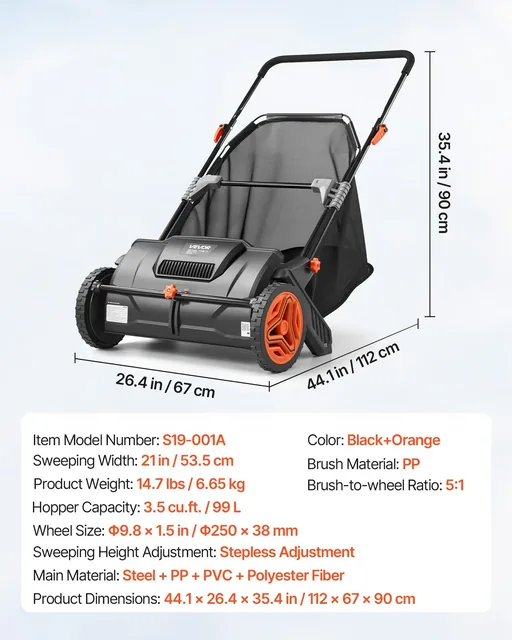 VEVOR 21-inch push lawn sweeper, product photograph 7