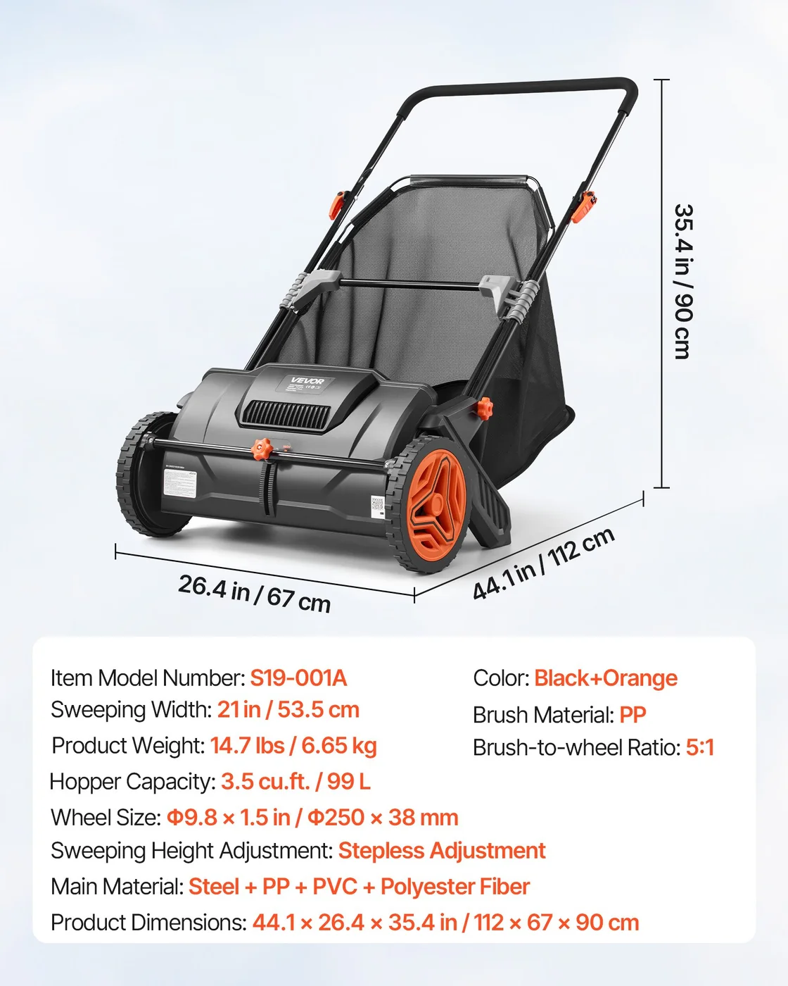 VEVOR 21-inch push lawn sweeper, product photograph 7