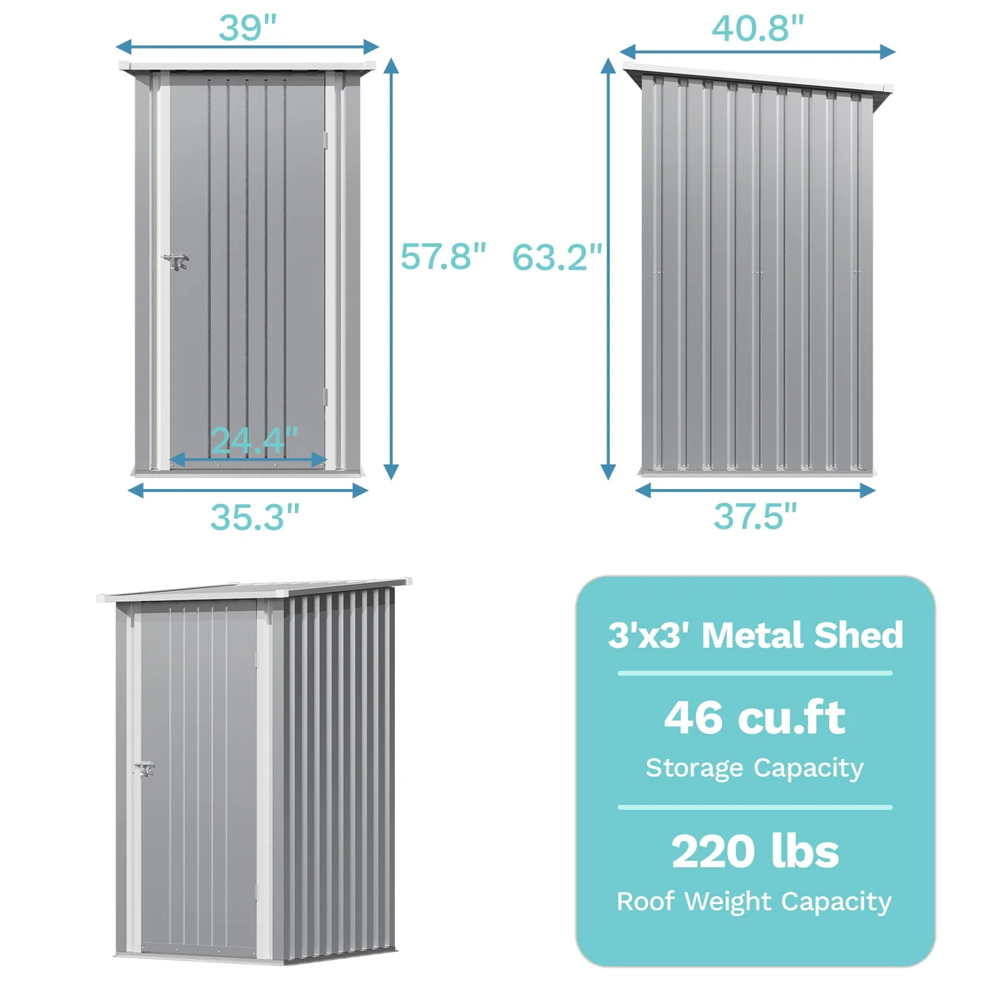 Patiowell 3 × 3-foot metal shed, grey, product view 3