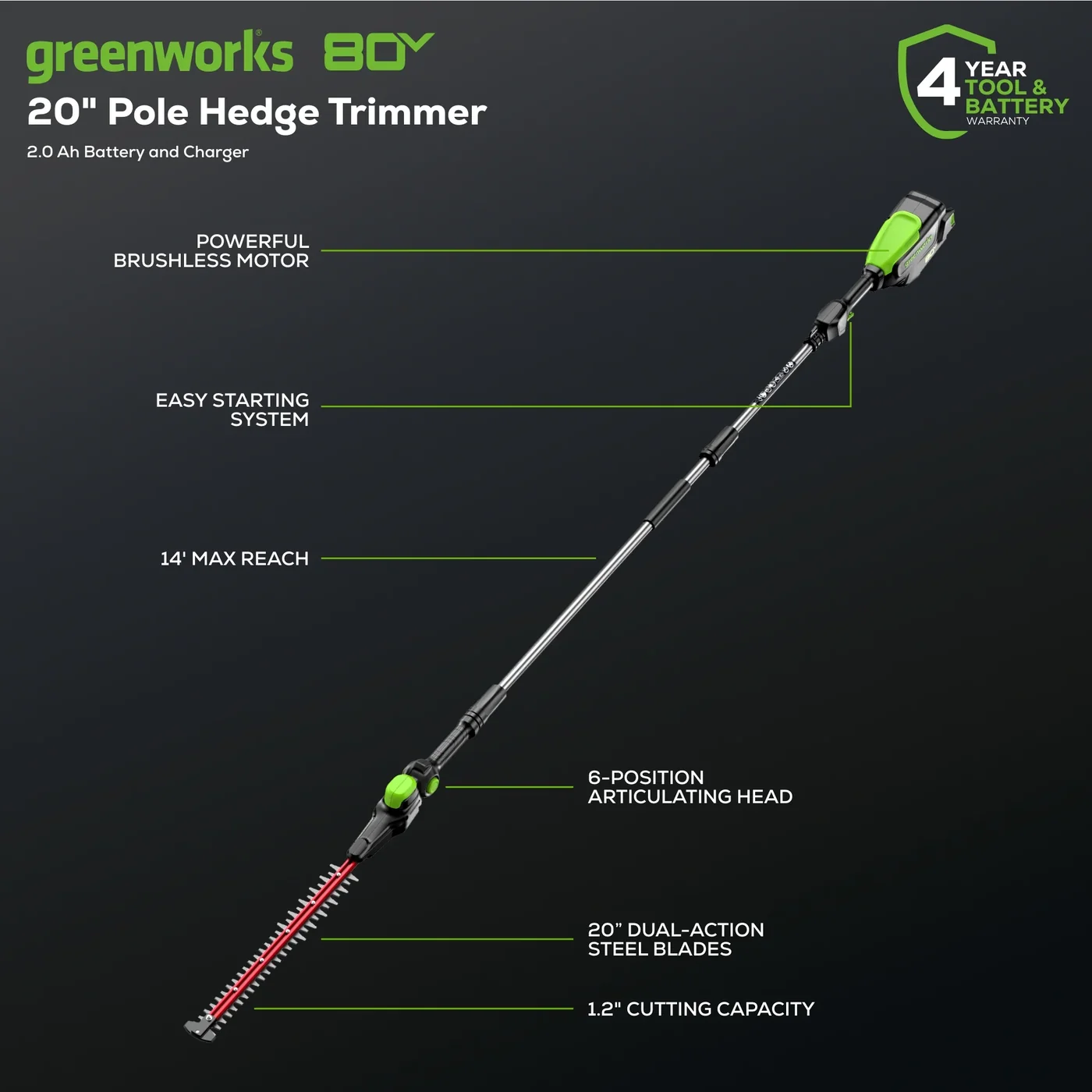 Greenworks 2308202 pole hedge trimmer, manufacturer gallery view 3