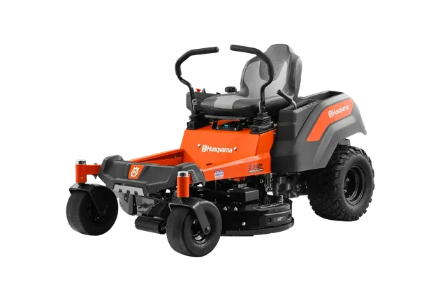 Husqvarna Z242F Special Edition. Side view of a Husqvarna zero-turn ride-on mower with cutting deck.