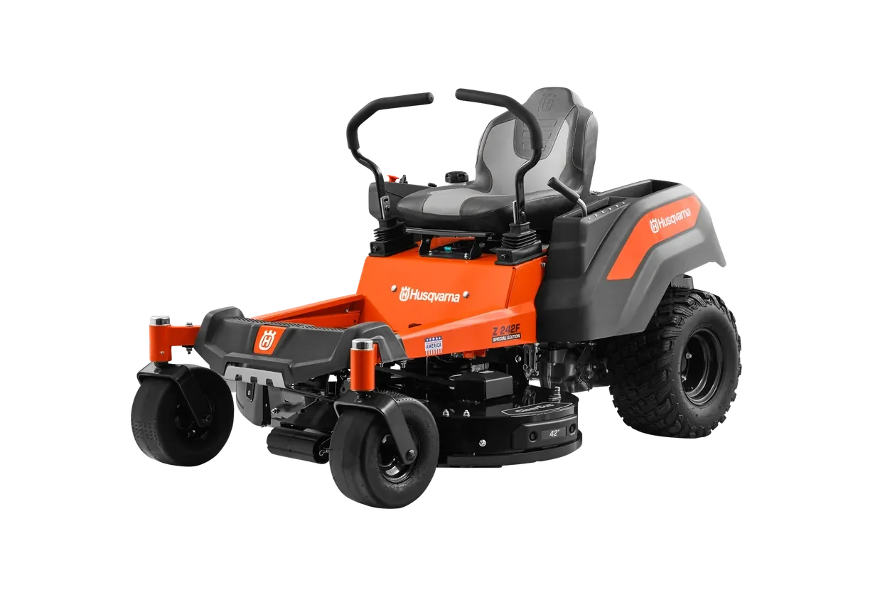 Husqvarna Z242F Special Edition. Side view of a Husqvarna zero-turn ride-on mower with cutting deck.