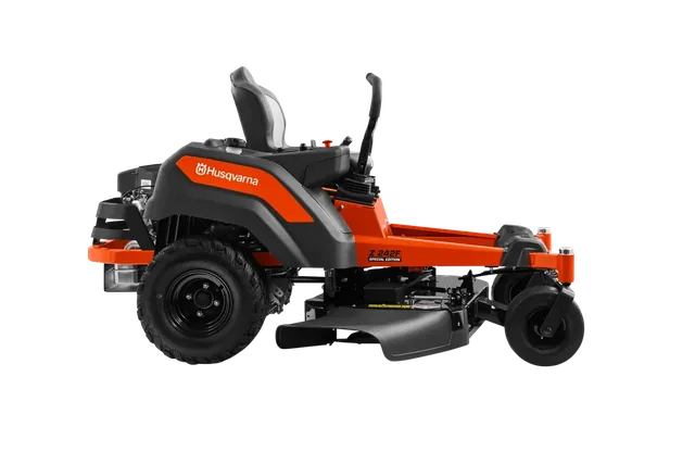 Husqvarna Z242F Special Edition. Side view of a Husqvarna ride-on mower with cutting deck.