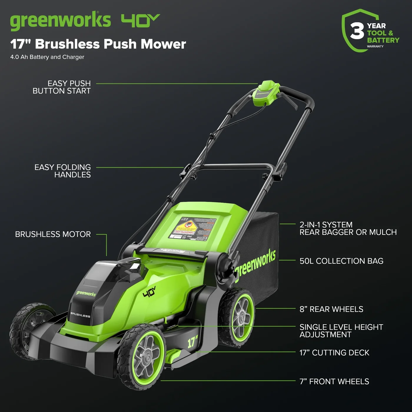 Greenworks MO40L413-00 mower, manufacturer gallery view 3