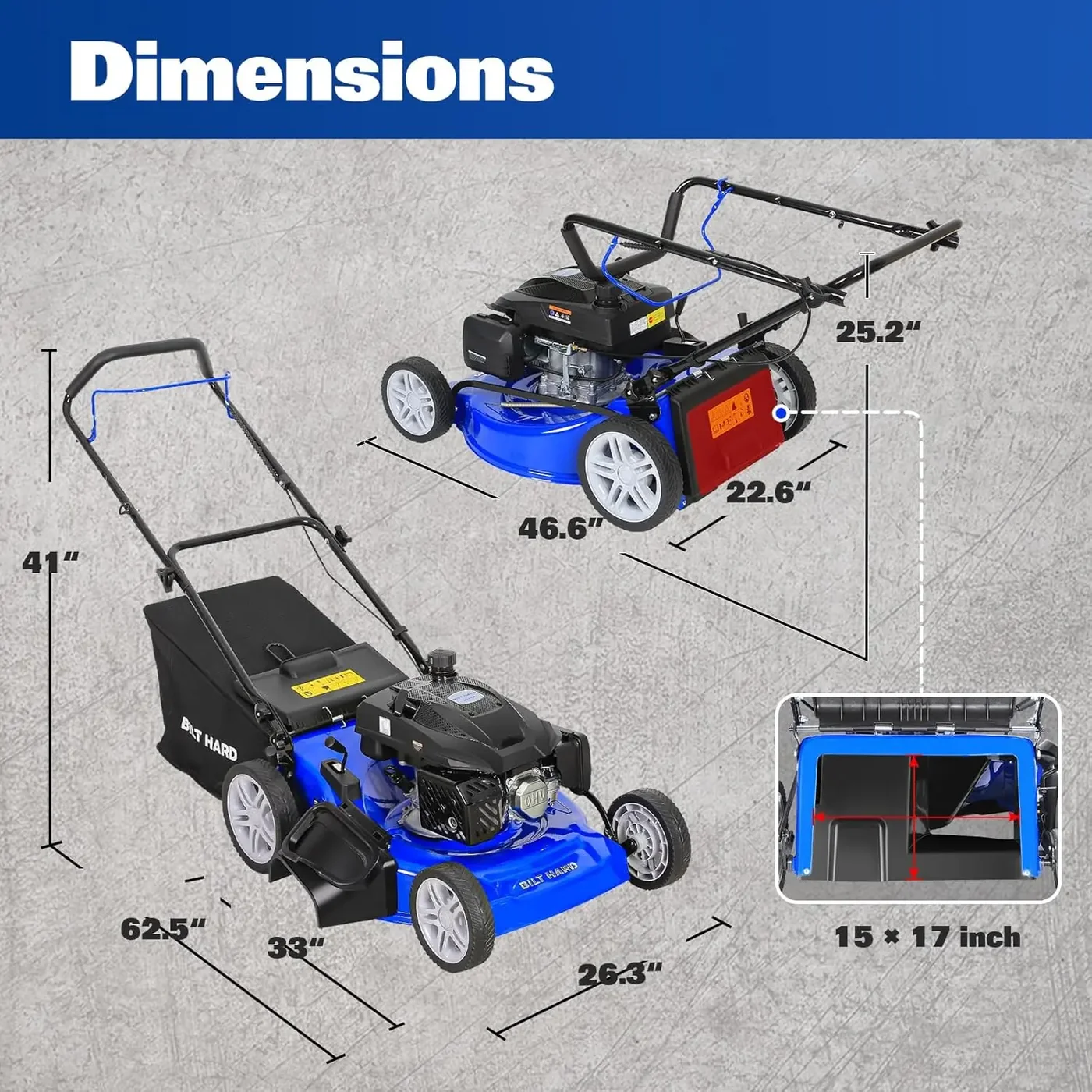 BILT HARD 201cc Push Lawn Mower, 3-in-1 Gas Lawnmower 21 Inch with 4-Cycle Engine, Bagging, Mulching and Side Discharge, Adjustable 10-Positions Cutting Height, Easy Start 