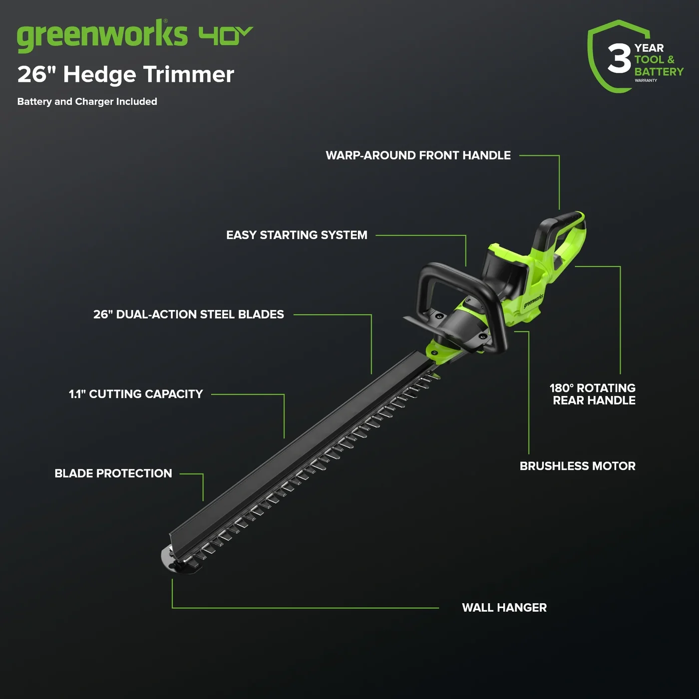 Greenworks HT40L210-00 hedge trimmer, manufacturer gallery view 3