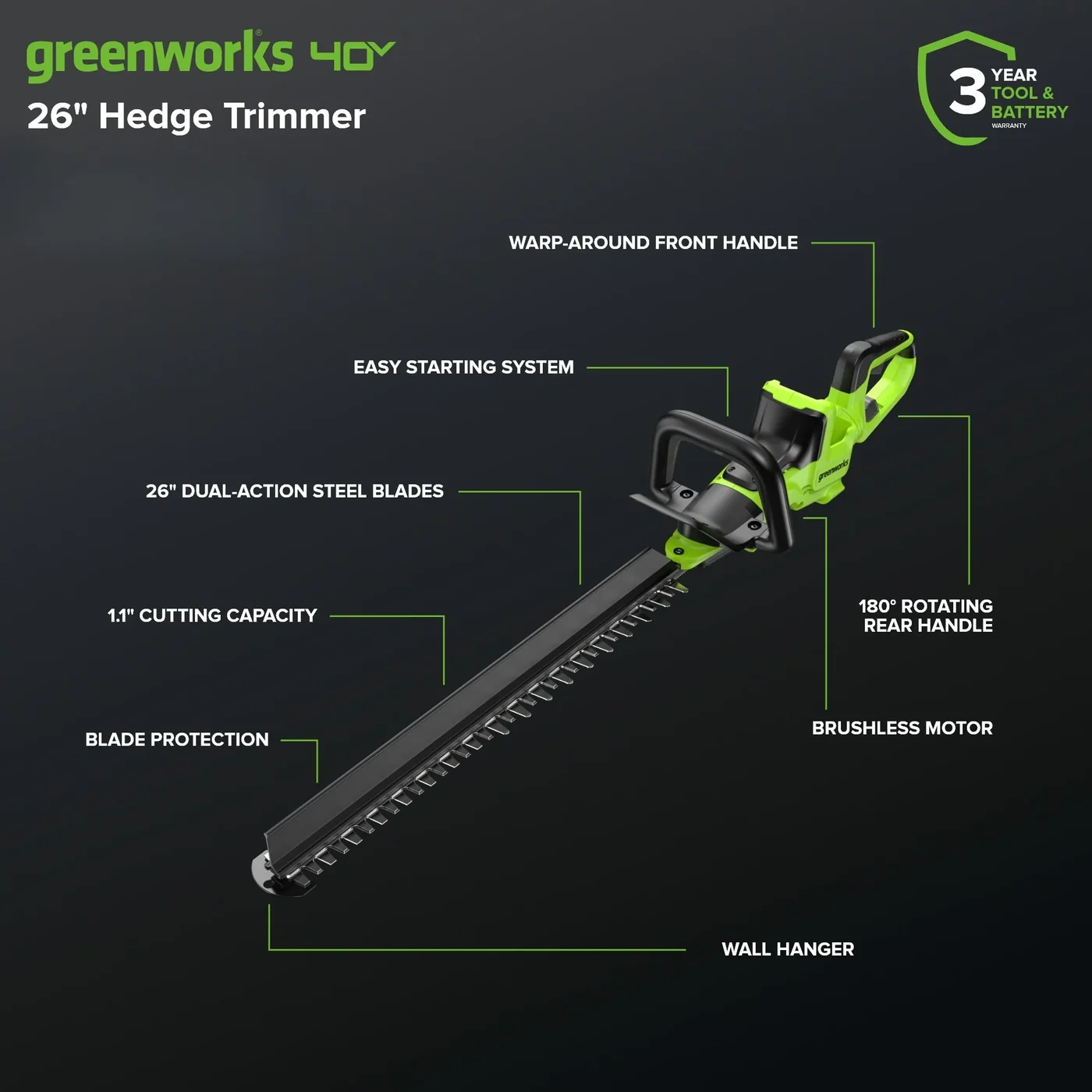 Greenworks HT40L01-00 hedge trimmer, manufacturer gallery view 3