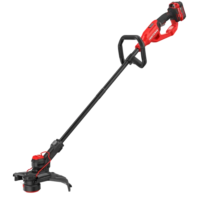 Photo of Craftsman cordless string trimmer CMCST901M1, red and black, angled on white background.