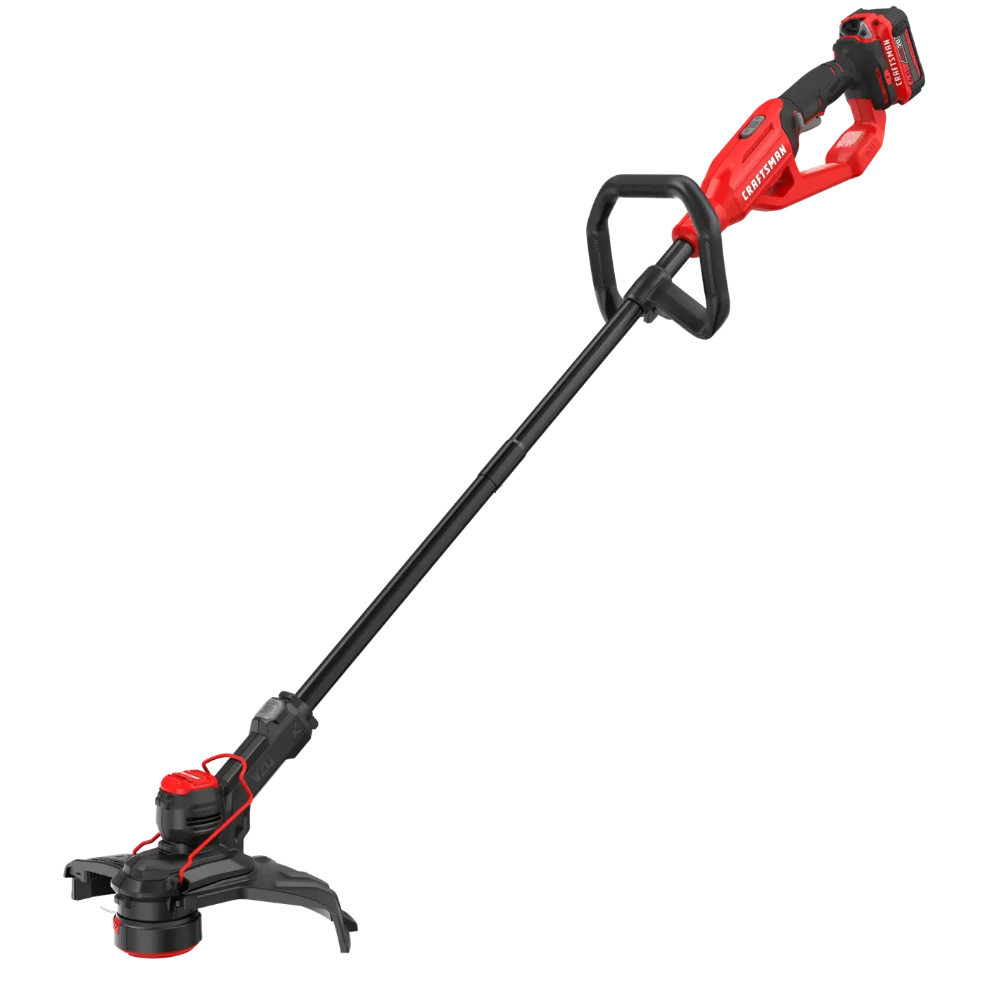 Photo of Craftsman cordless string trimmer CMCST901M1, red and black, angled on white background.