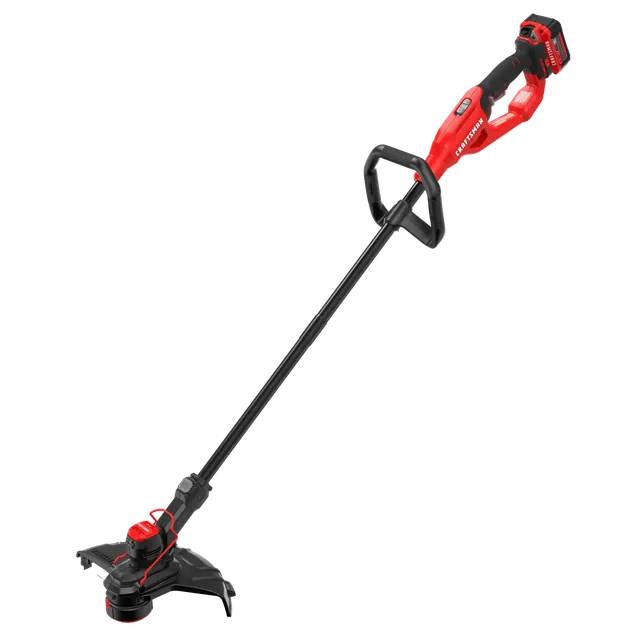 Photo of Craftsman cordless string trimmer, red and black, model CMCST901M1, angled view on white background.