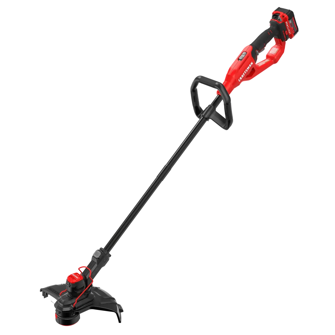 Photo of Craftsman cordless string trimmer, red and black, model CMCST901M1, angled view on white background.