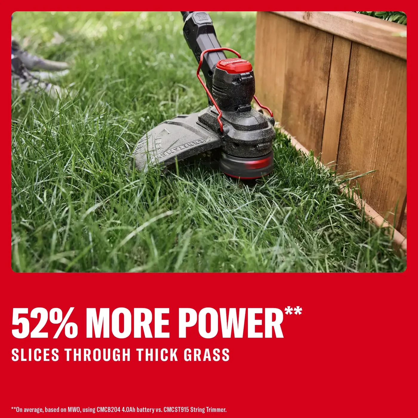 Photo of Craftsman string trimmer CMCST901M1 cutting thick grass next to a wooden garden bed.