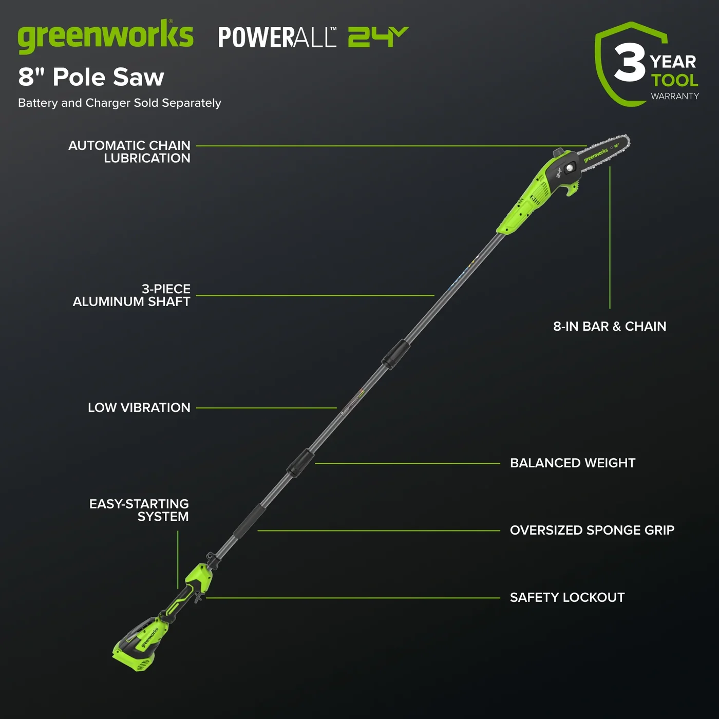 Greenworks PS2408AA2 pole saw, manufacturer gallery view 3