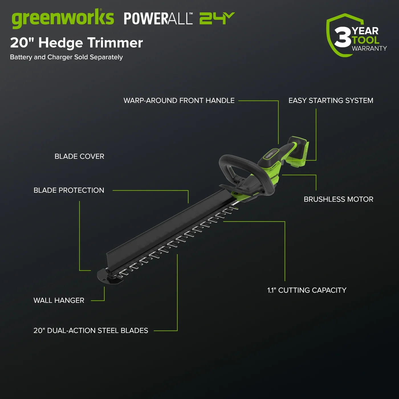 Greenworks HT2002DA1 hedge trimmer, manufacturer gallery view 3