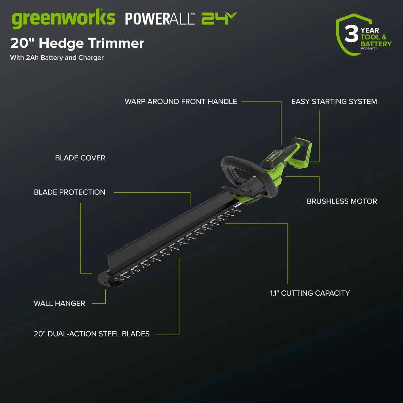 Greenworks HT2002 hedge trimmer, manufacturer gallery view 3