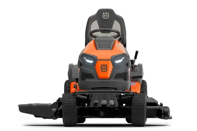 Front view of a Husqvarna ride-on mower with a cutting deck.