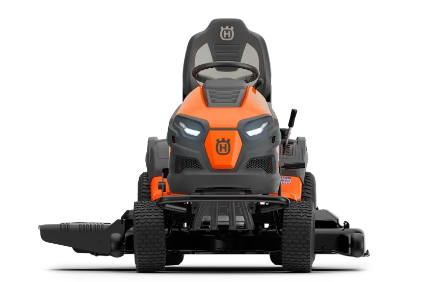 Front view of a Husqvarna ride-on mower with a cutting deck.