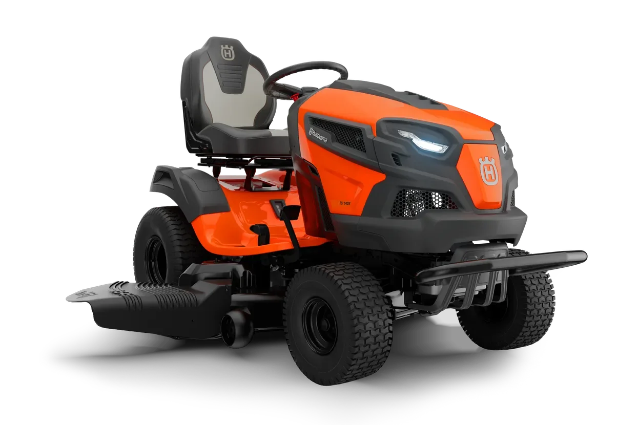 Husqvarna TS 140X 48". Front view of a ride-on lawn mower with visible seat and steering wheel.